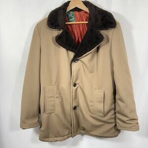 Vintage Haband Paterson NJ Men's Brown Coat Faux Fur Collar Quilted Lining 25x31